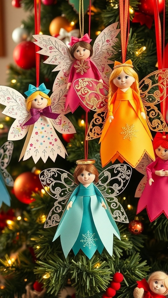 Handmade Christmas angel decorations in various colors and designs, displayed with a Christmas tree in the background.